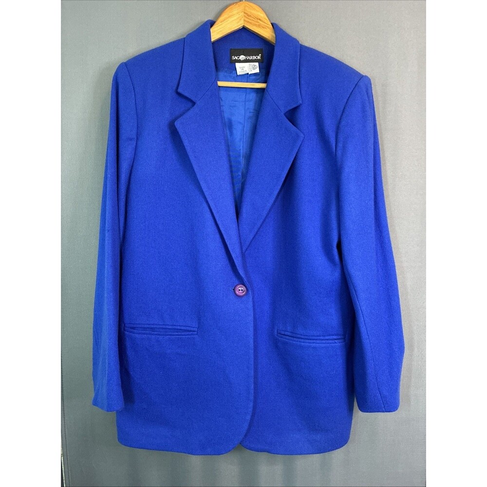 80s Sag Harbor Pure New Wool Blazer Jacket Sz 14 Cobalt Blue Structured Preppy